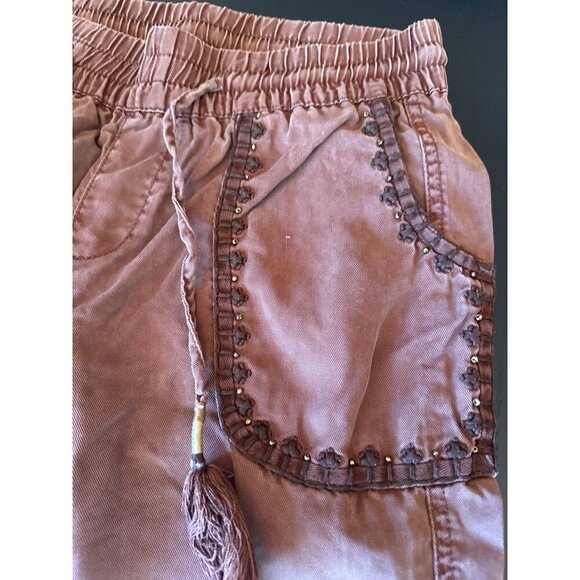 Hei Hei Brown Embroidered Jogger Pants XS Elastic Waist Drawstring Tassels - Picture 3 of 7